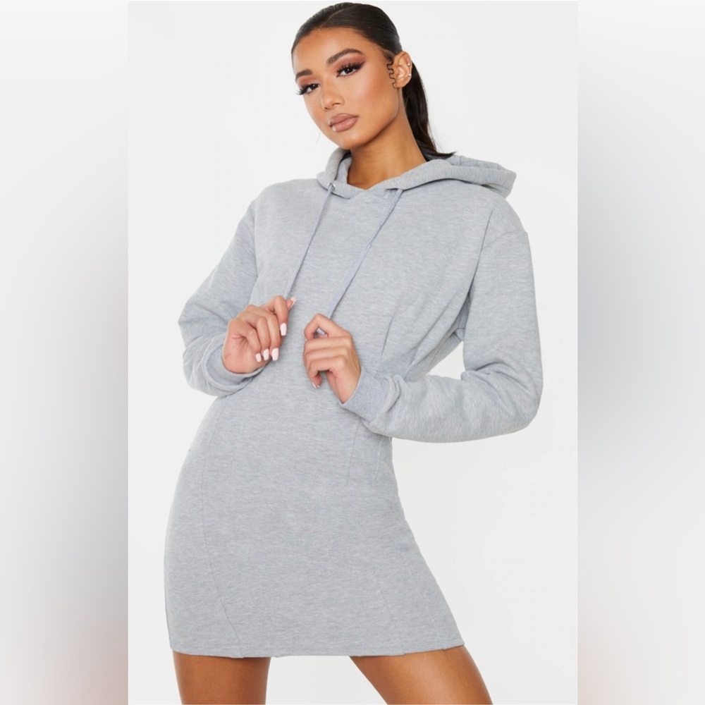 Grey Pleated Hoodie Sweatshirt Dress, Size 12, by PrettyLittleThing